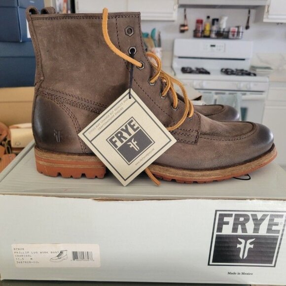 Frye Phillip Lug Workboot 87828 Mens Charcoal Leather Lace Up Boots - Picture 1 of 3